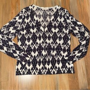 Ann Taylor LOFT Navy & White Diamond Print Lightweight Cardigan Sweater Size L